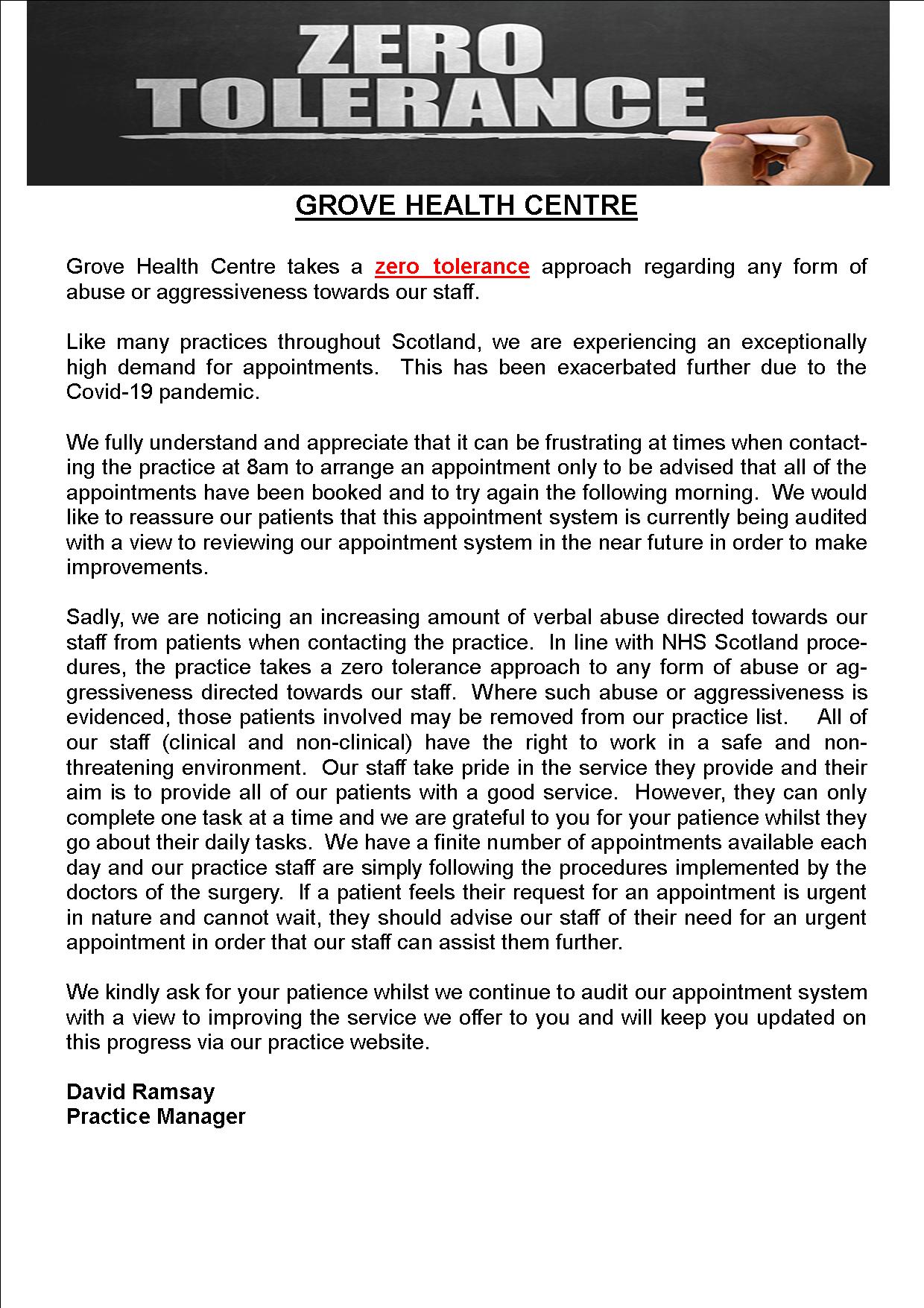 Grove Health Centre - Zero Tolerance Policy